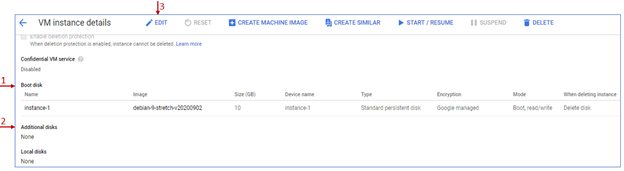 Disks sections in the VM instance details page