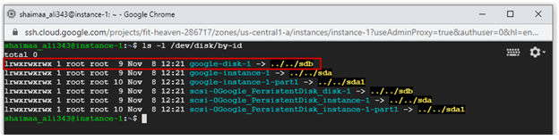 Additional disk listed within the VM instance