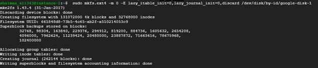 Formatting the additional disk using mkfs tool