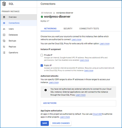 Cloud SQL Connections page