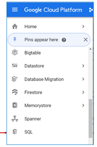 Cloud SQL service in the navigation menu