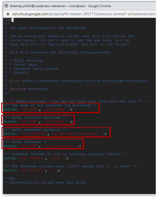 DB configurations for wordpress