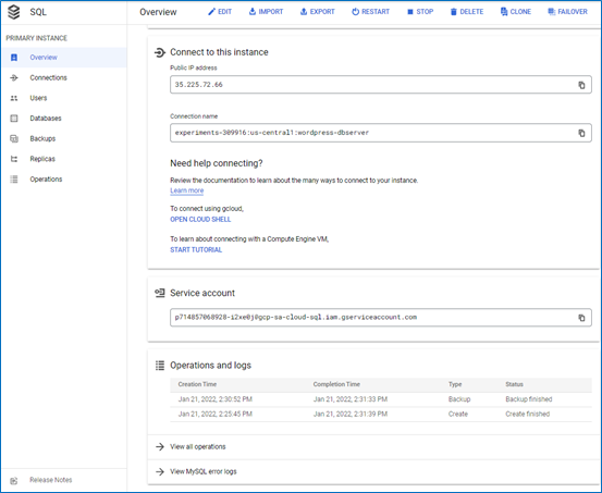 Instance public IP and connection name