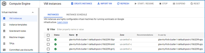 VM instances created as cluster nodes