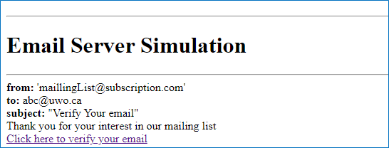 Verification Email message in the simpler simulation example
